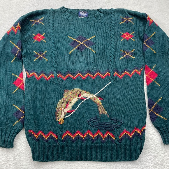 Woolrich Mens XL Fishing Fisherman Knit Sweater Novelty Pullover Green - Picture 1 of 8